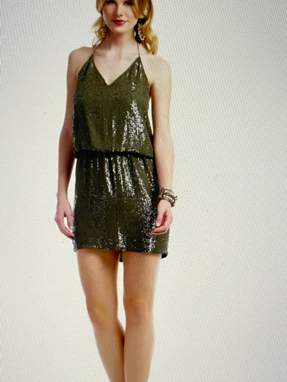 Haute Hippie NWT silk “Dirty Martini” Sequin Halter Mini Dress - Olive Green M